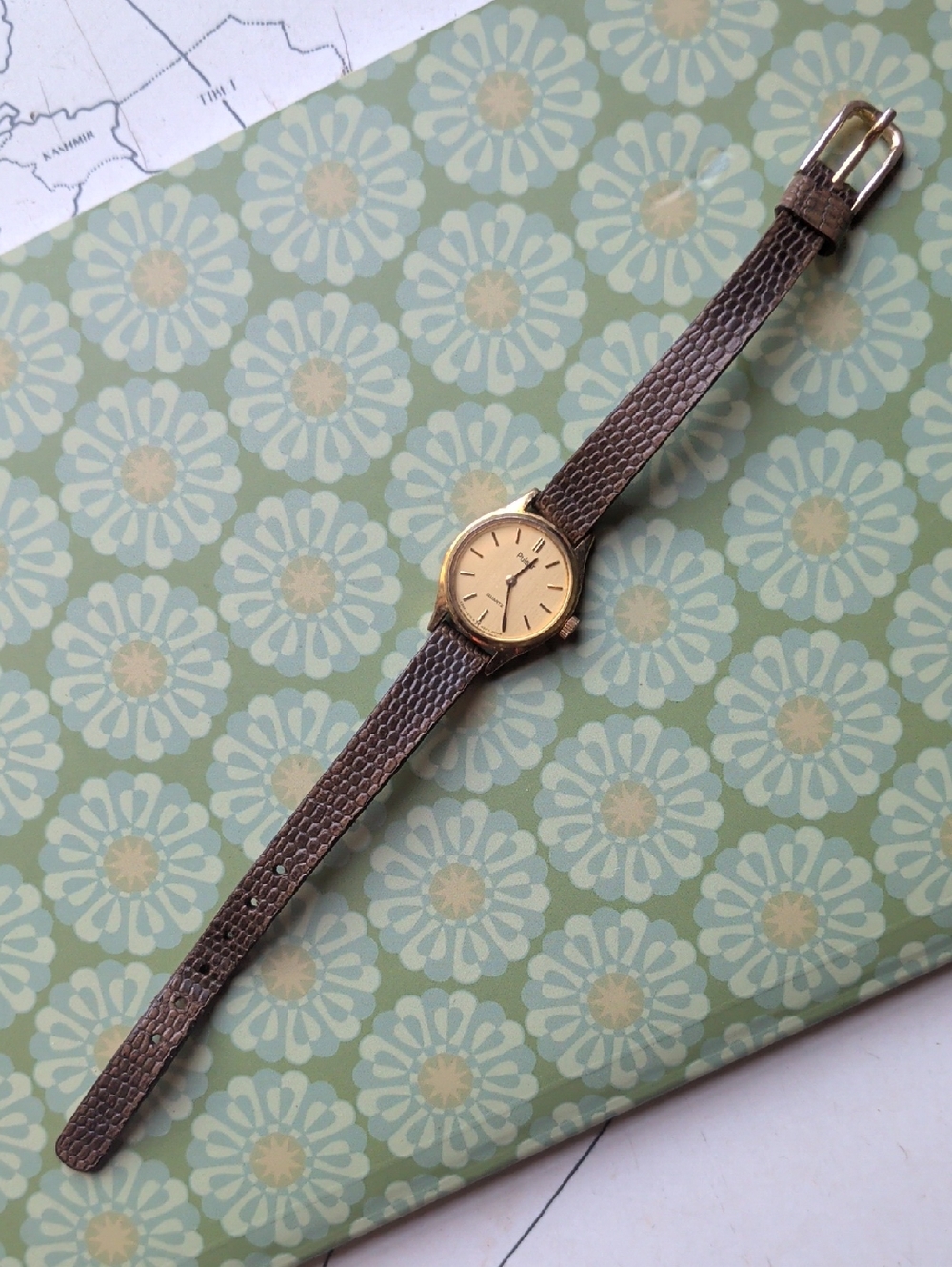 Vintage Pulsar Seiko Quartz Gold Dial Watch with Brown Leather Strap